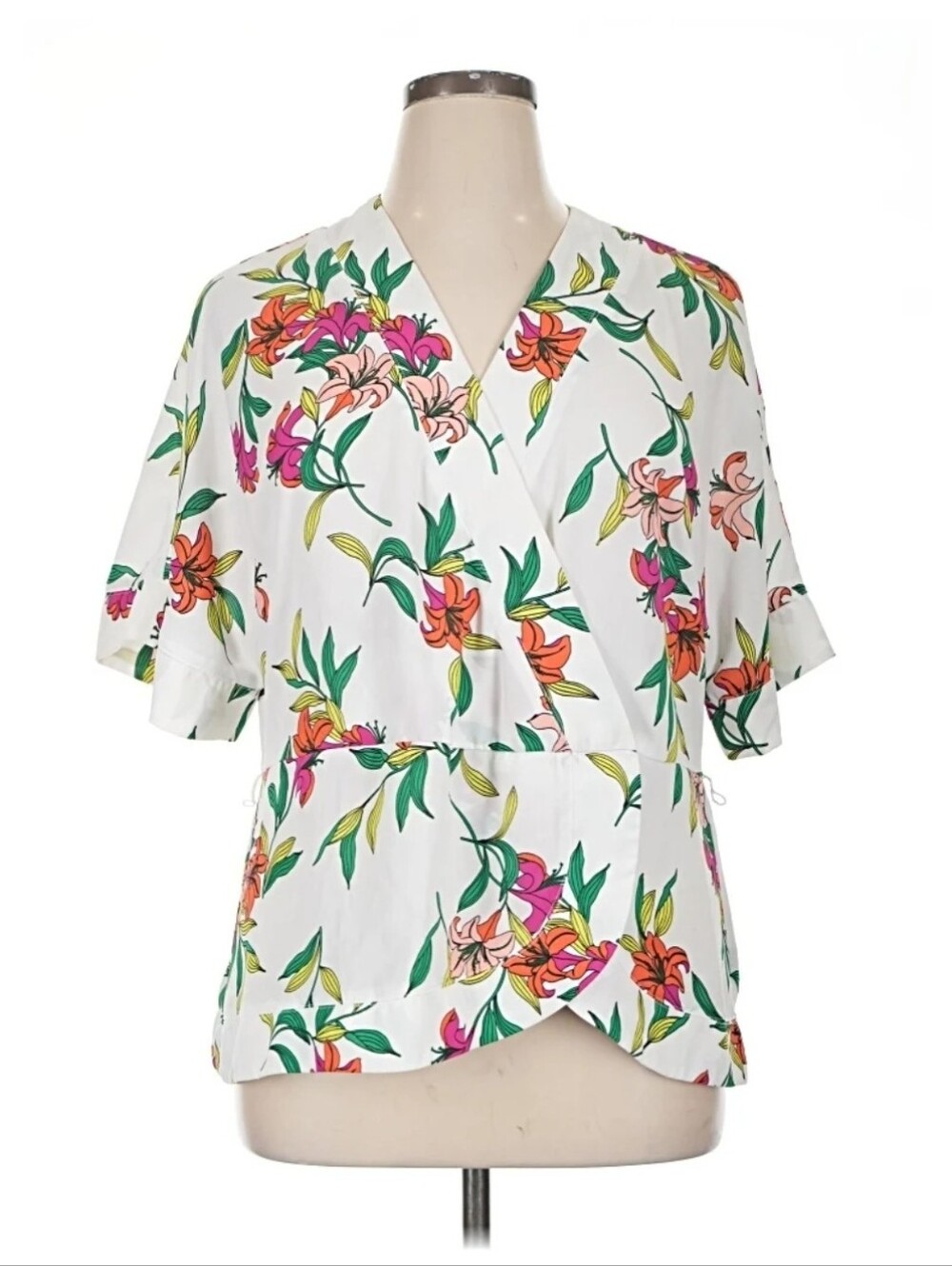 Worthington White Floral Wrap-Style Blouse with Pink & Green Accents NWOT